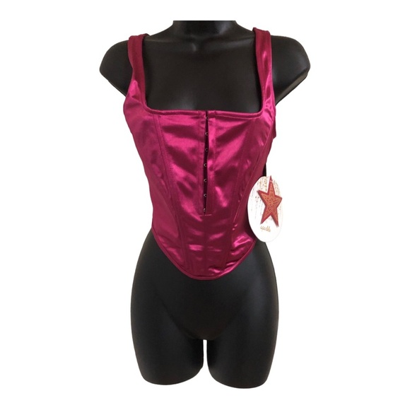 deep pink shaped hook n eye closure satin sheen effect sleeveless bustier size L - Picture 4 of 15